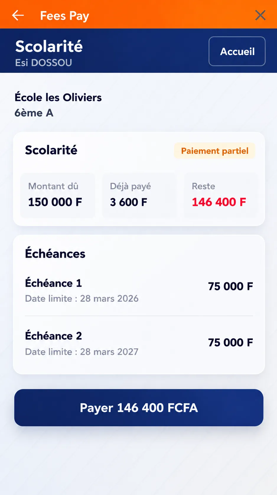 Exemple d’écran de détail d’un frais : montant dû, déjà payé, reste et deux échéances.