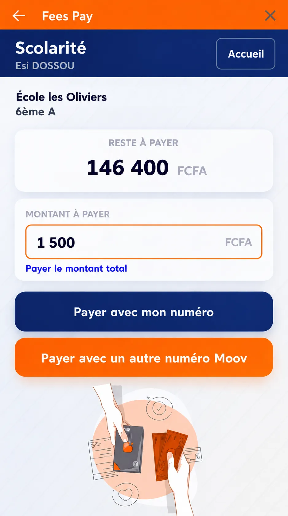 Exemple d’écran de paiement : reste à payer, montant à payer et choix du moyen de paiement.